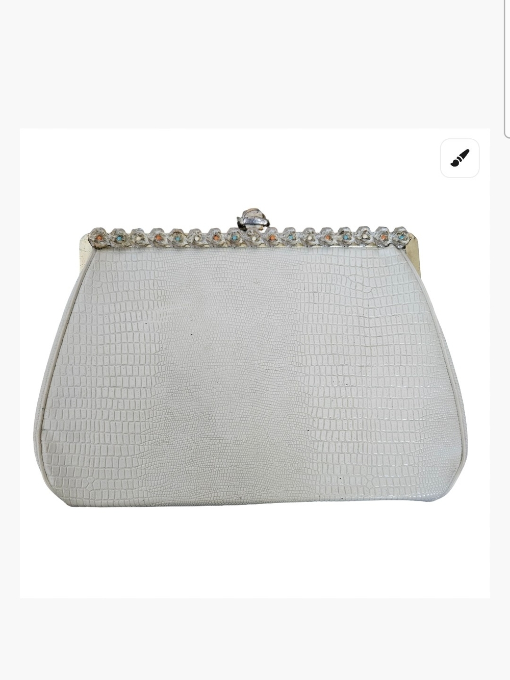 Vtg Harry Levine HL White Faux Croc Kiss Lock Jewel Accent Gold Tone Clutch